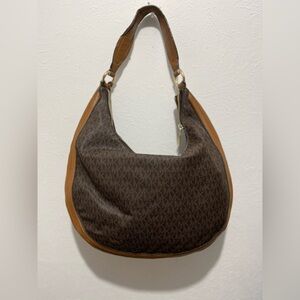 Michael Kors Large Signature MK Logo Purse Hobo Bag Camel and Dark Brown